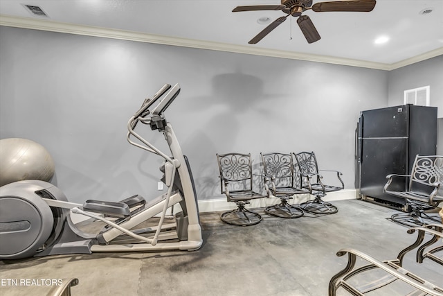 workout room with ornamental molding and ceiling fan