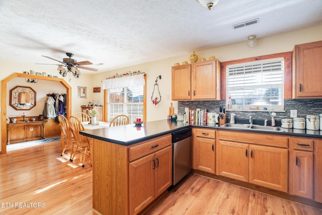 kitchen with sink, stainless steel dishwasher, kitchen peninsula, light hardwood / wood-style floors, and backsplash