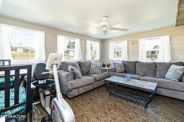 living room with ceiling fan