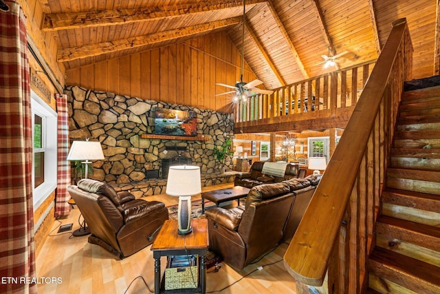 living room featuring wood ceiling, light hardwood / wood-style flooring, ceiling fan, beam ceiling, and high vaulted ceiling