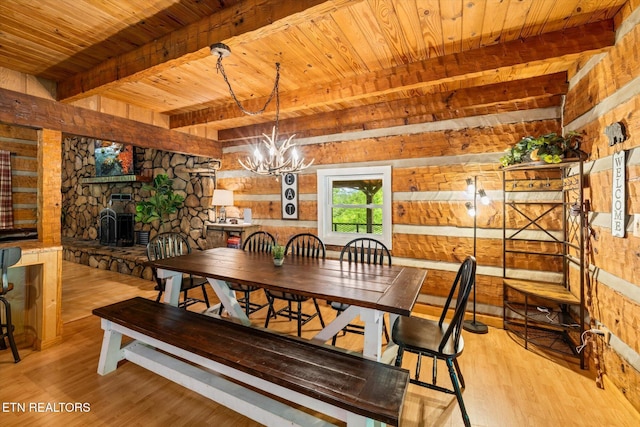 dining room featuring beamed ceiling, a notable chandelier, wood ceiling, and light hardwood / wood-style flooring