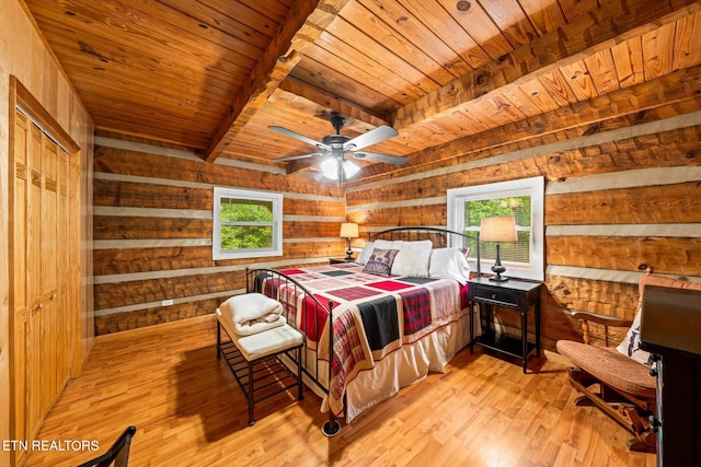 bedroom featuring light wood-type flooring, wood ceiling, and wood walls