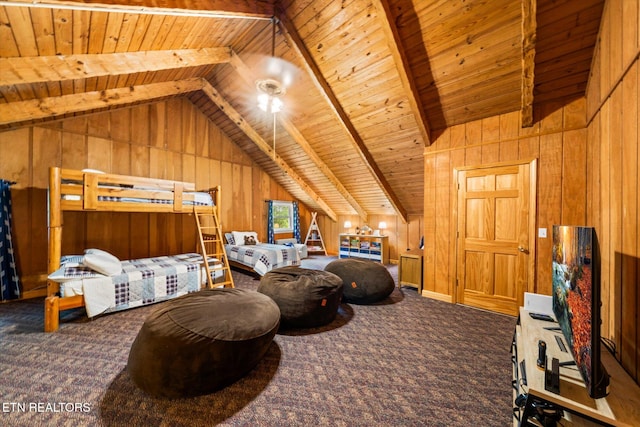 carpeted bedroom featuring vaulted ceiling with beams, wooden ceiling, and wooden walls