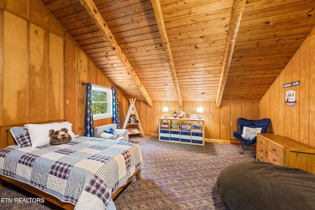 carpeted bedroom with wood ceiling, lofted ceiling with beams, and wood walls