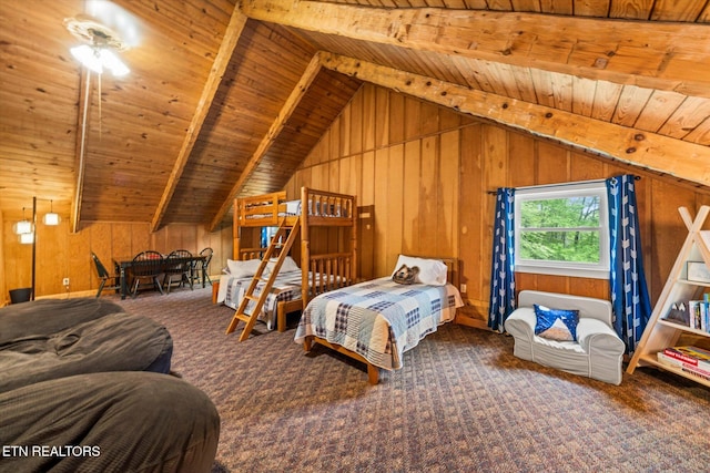 carpeted bedroom featuring wooden walls, lofted ceiling with beams, and wooden ceiling