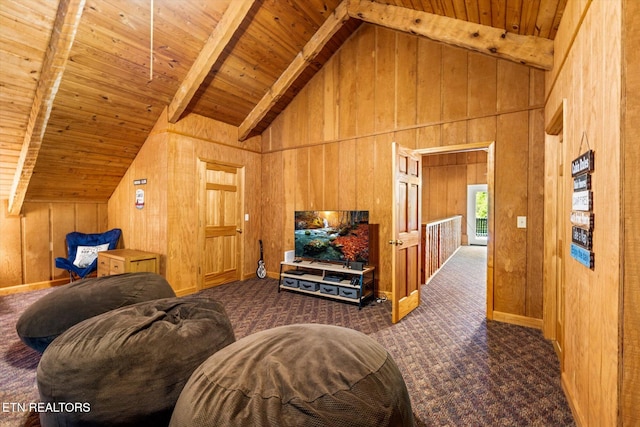 carpeted living room featuring lofted ceiling with beams, wooden ceiling, and wood walls