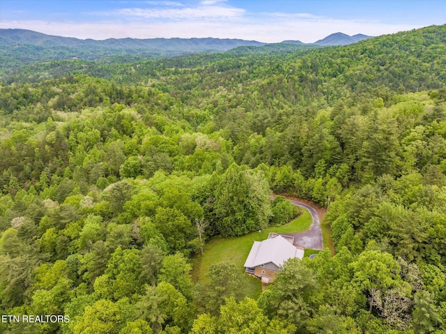 drone / aerial view featuring a mountain view