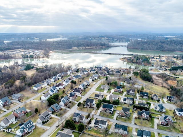 drone / aerial view with a water view