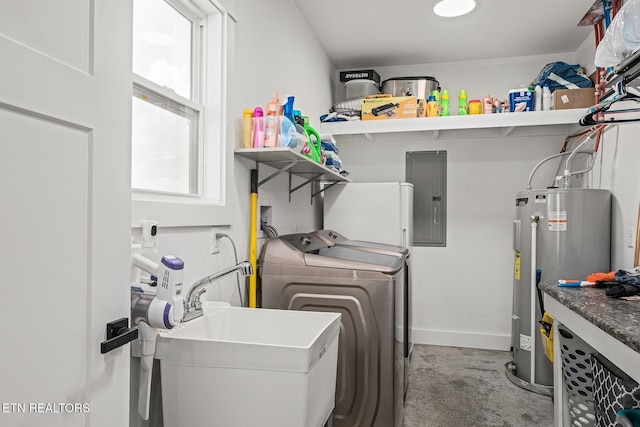 laundry area with separate washer and dryer, sink, electric panel, and electric water heater