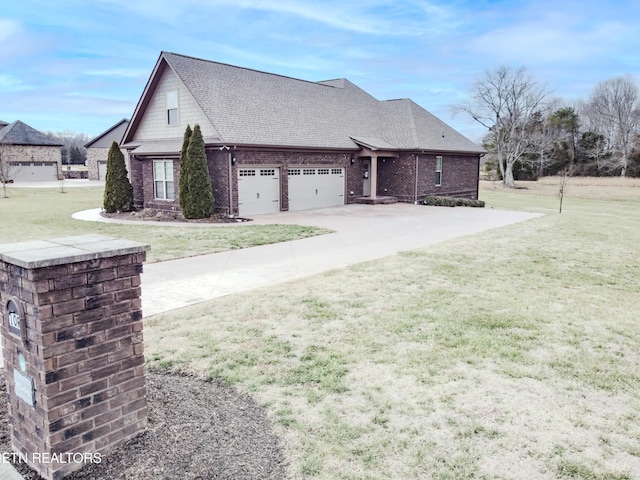 view of property exterior with a garage and a lawn