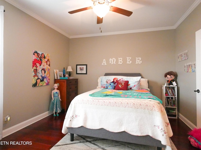 bedroom featuring crown molding, ceiling fan, and dark hardwood / wood-style floors