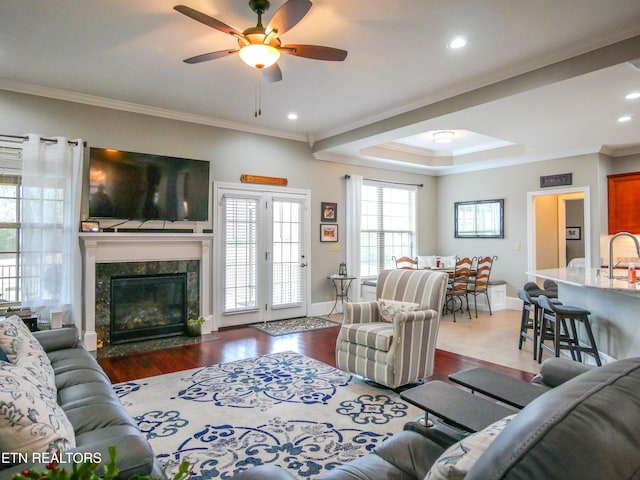 living room featuring sink, ornamental molding, dark hardwood / wood-style flooring, ceiling fan, and a high end fireplace