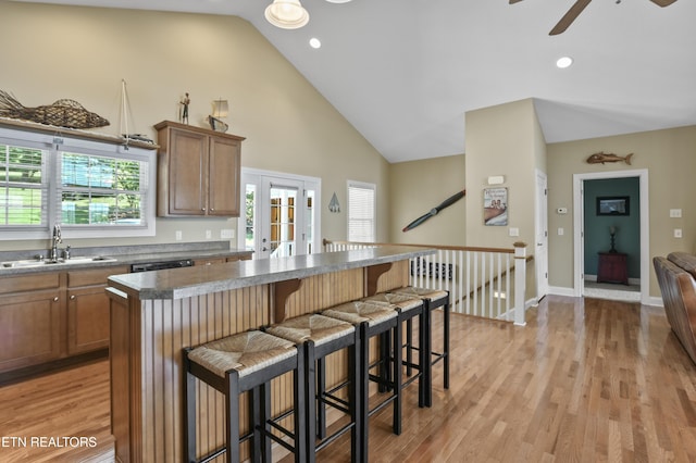 kitchen featuring light hardwood / wood-style flooring, sink, a breakfast bar area, and a center island