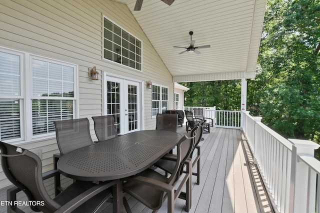 wooden deck featuring french doors and ceiling fan