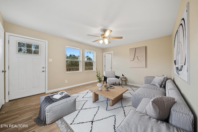 living room featuring ceiling fan and light wood-type flooring