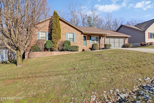 ranch-style home with a garage and a front yard