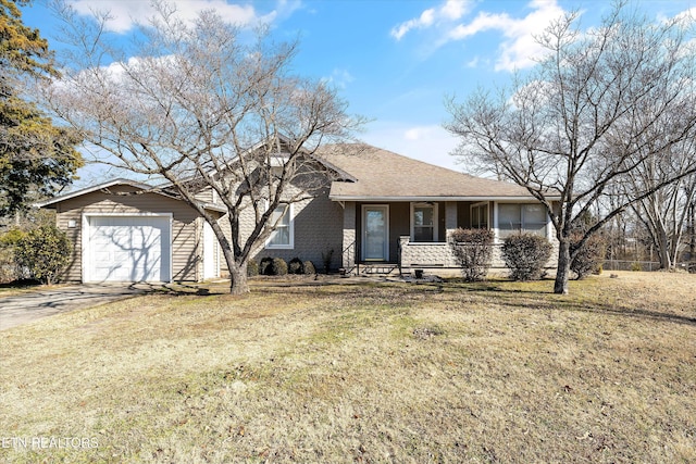 ranch-style home with a shingled roof, a front lawn, covered porch, a garage, and driveway