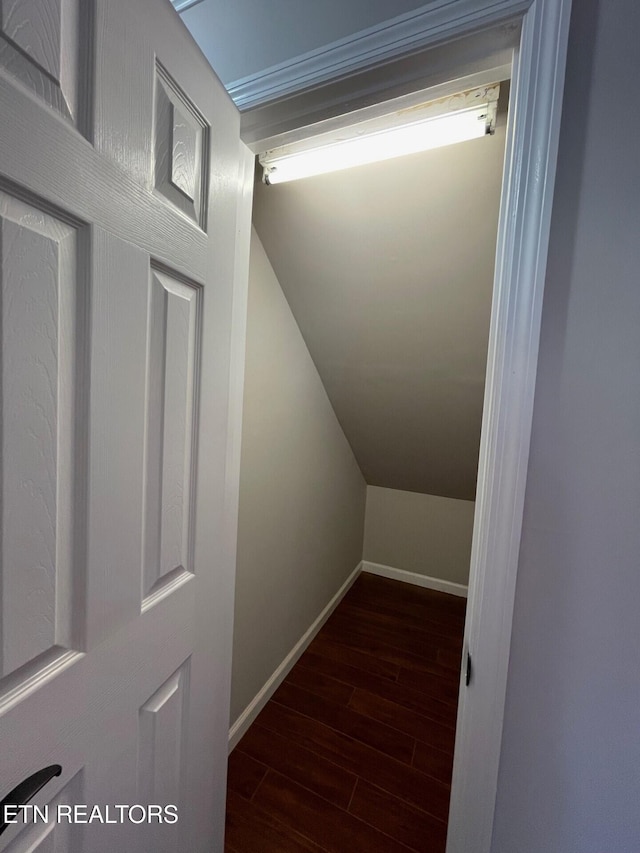 walk in closet with dark wood-type flooring and lofted ceiling