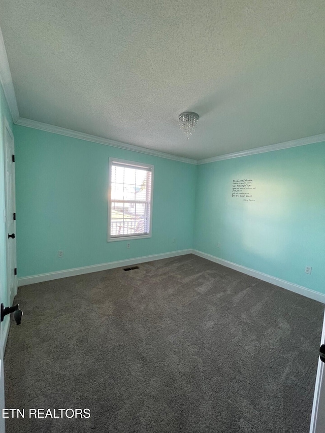 carpeted spare room with crown molding and a textured ceiling