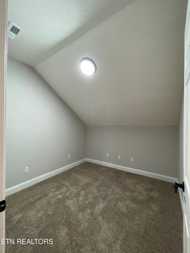 additional living space with lofted ceiling, a textured ceiling, and dark carpet