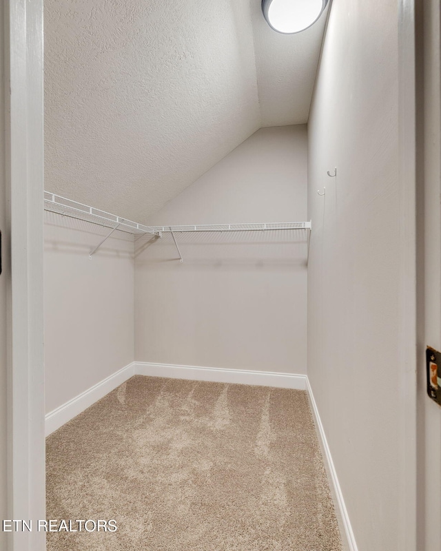walk in closet with carpet flooring and vaulted ceiling