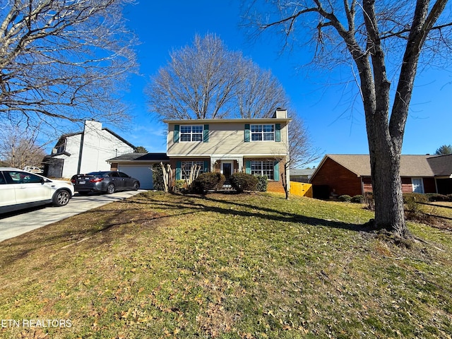 front facade with a garage and a front lawn