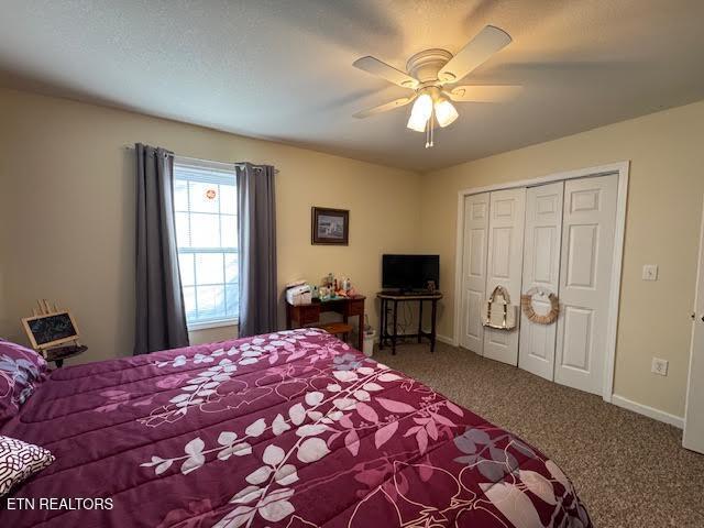 bedroom with carpet floors, ceiling fan, and a closet