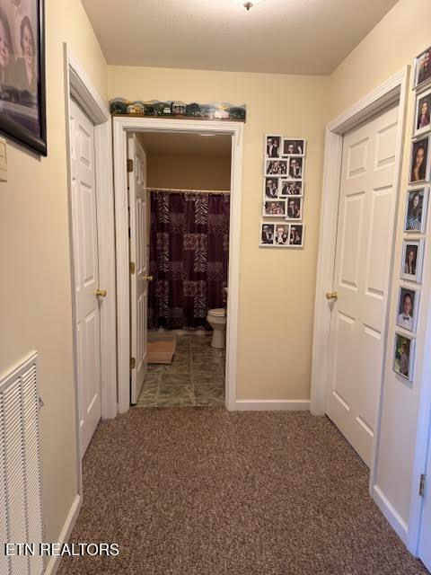 hall featuring carpet flooring