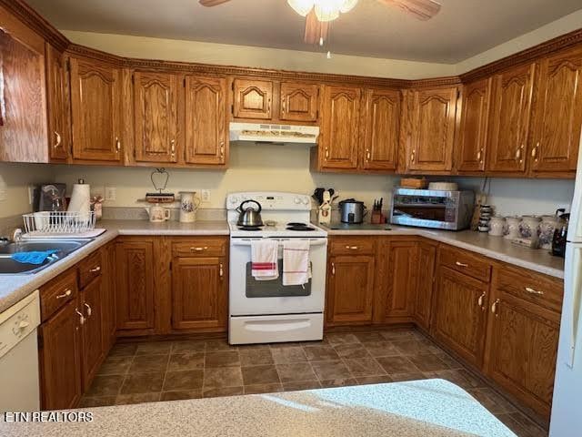 kitchen featuring sink, white appliances, and ceiling fan