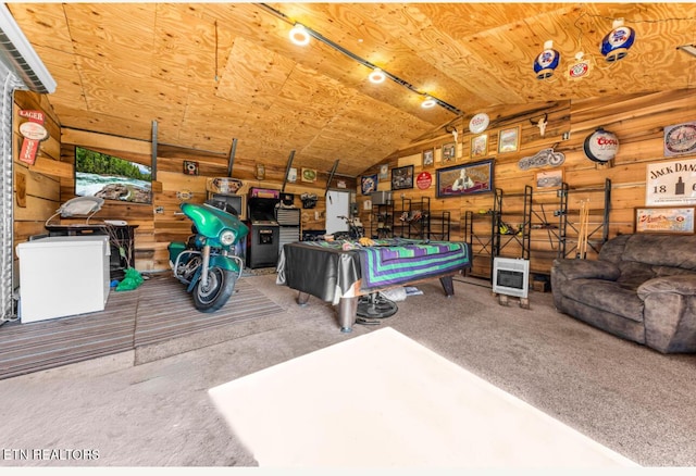 playroom with lofted ceiling, carpet, wood ceiling, and wood walls