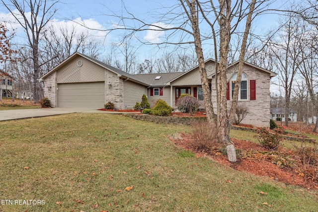 single story home with a garage and a front yard