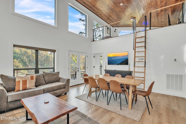 living room with wooden ceiling, light wood-type flooring, and french doors