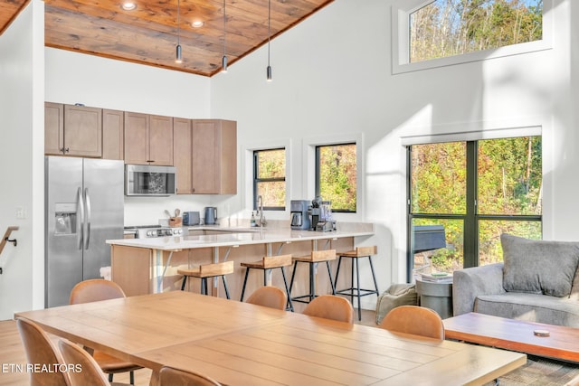 dining area featuring sink, a high ceiling, and wooden ceiling