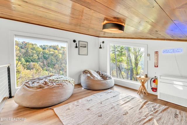 living area featuring wood ceiling, wood-type flooring, and a healthy amount of sunlight