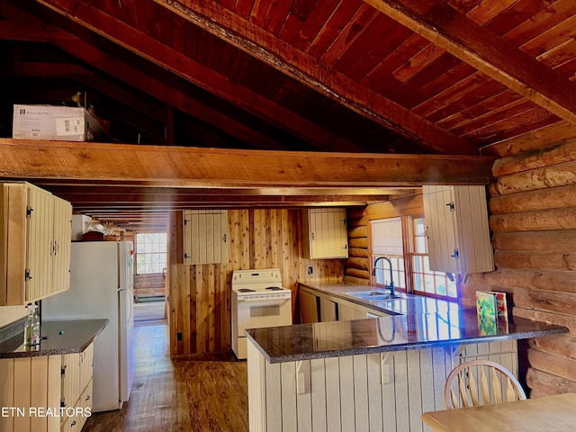 kitchen with sink, white appliances, dark hardwood / wood-style floors, wooden ceiling, and kitchen peninsula