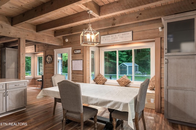 dining room featuring dark hardwood / wood-style floors, wooden walls, and wooden ceiling