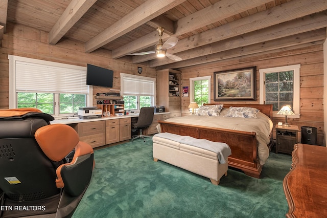 bedroom featuring beamed ceiling, wooden ceiling, dark colored carpet, and wood walls