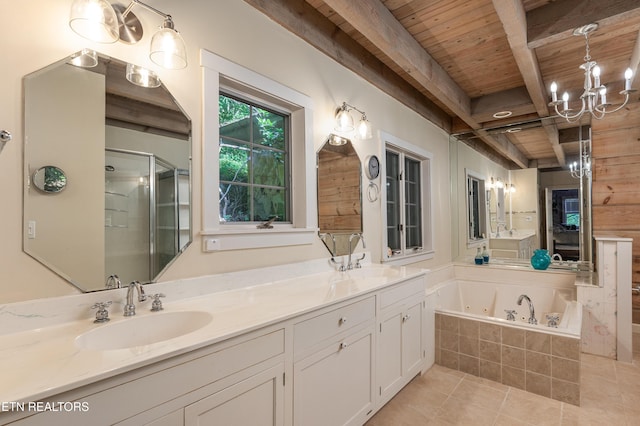 bathroom with independent shower and bath, tile patterned flooring, vanity, wooden ceiling, and beam ceiling