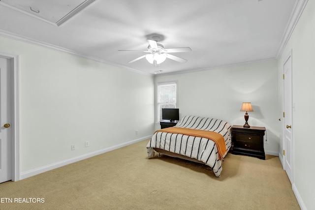 bedroom featuring crown molding, light colored carpet, and ceiling fan