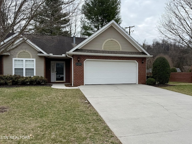 single story home featuring a garage and a front yard