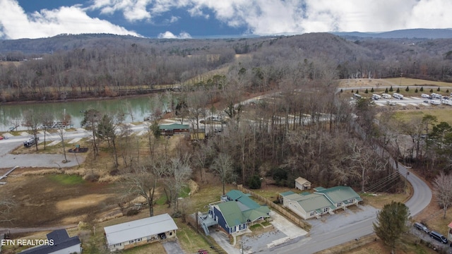 birds eye view of property featuring a water and mountain view