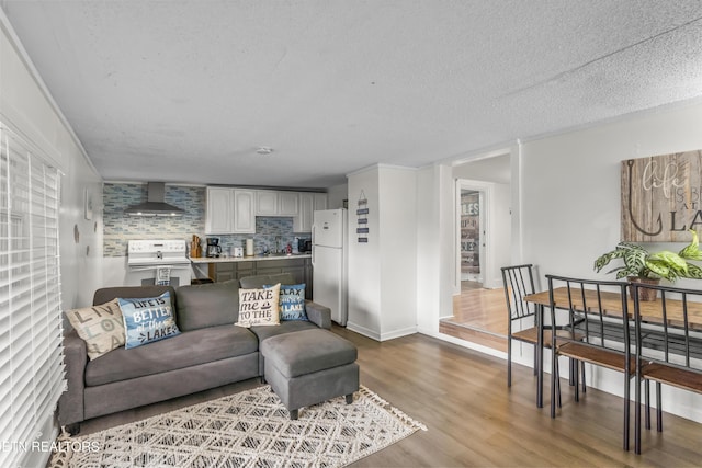 living room with a textured ceiling and light wood-type flooring