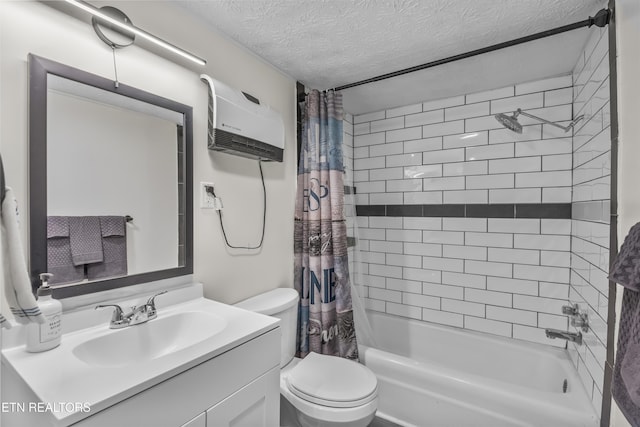 full bathroom featuring vanity, shower / tub combo, a textured ceiling, and toilet