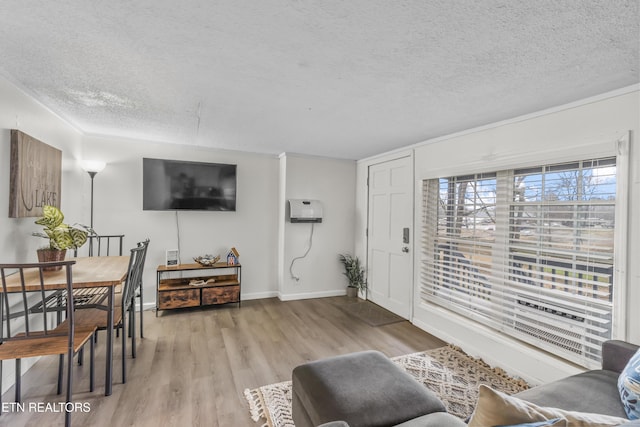 living room with a textured ceiling and light wood-type flooring