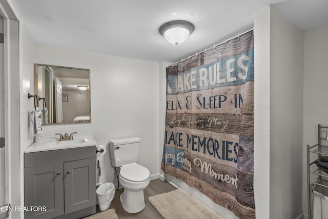 bathroom with vanity, wood-type flooring, and toilet