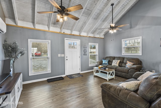 living room with ceiling fan, dark wood-type flooring, wooden ceiling, and beam ceiling