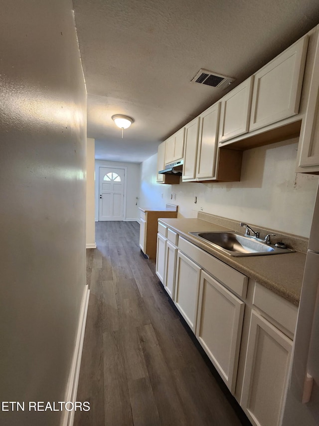 kitchen with white cabinetry, dark hardwood / wood-style flooring, sink, and a textured ceiling