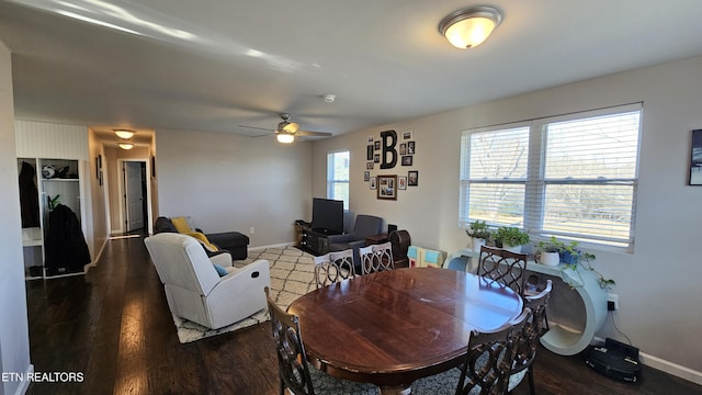 dining room featuring dark hardwood / wood-style flooring and ceiling fan