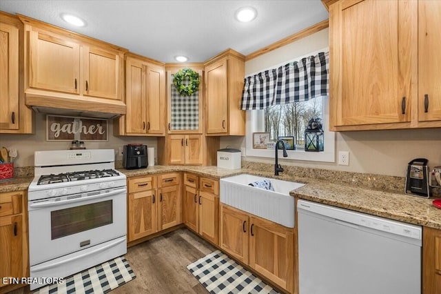 kitchen with light stone counters, white appliances, dark wood-type flooring, and sink