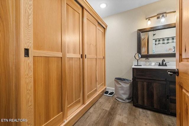 bathroom featuring vanity and hardwood / wood-style floors